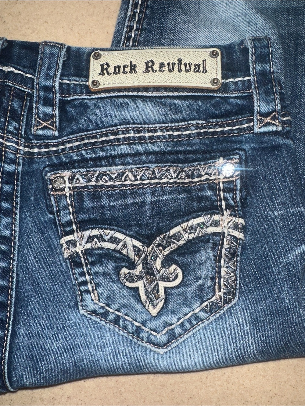 Rock Revival Distressed Medium Blue Embroidered Pocket Cuffed- Skinny Jeans - Picture 4 of 11